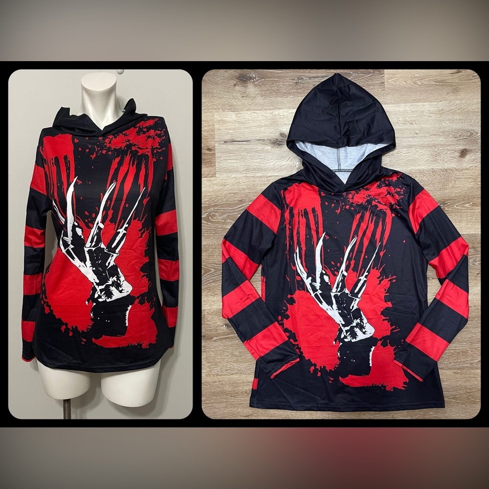 Black and Red Freddy Krueger Light Weight Graphic Hoodie L